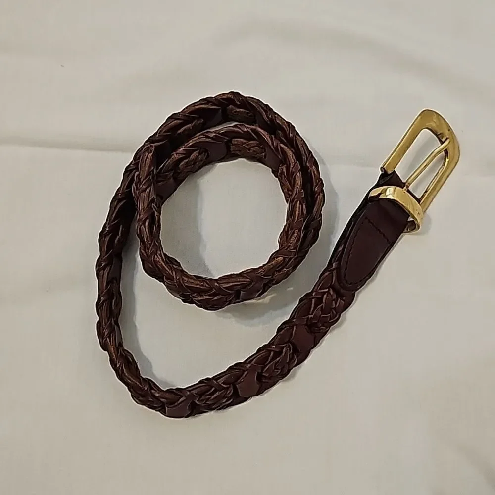 Amiee Lynn Braided Woven Brown Leather Belt Solid Brass Buckle Approximately 35